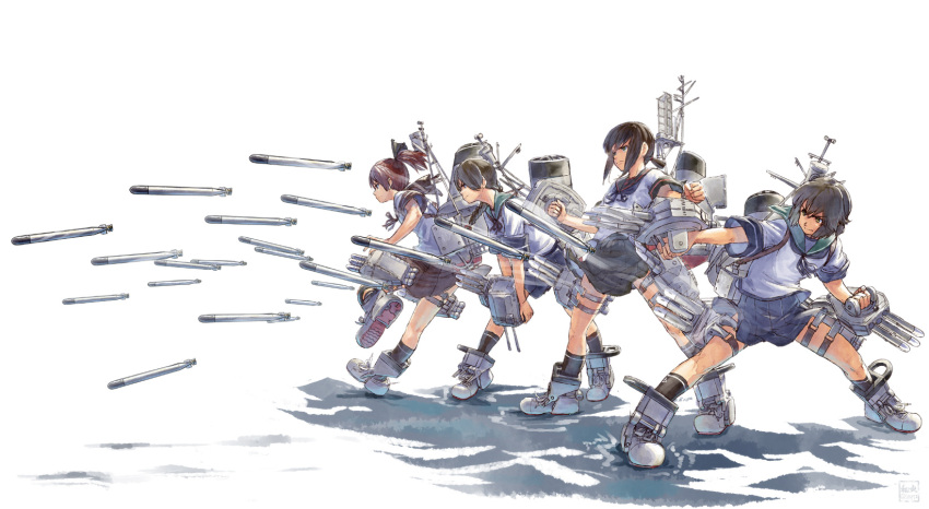 4girls, aiming, black_hair, black_sailor_collar, black_skirt, blue_sailor_collar, blue_skirt, braid, brown_eyes, brown_hair, brown_sailor_collar, brown_skirt, fubuki_(kantai_collection), highres, isonami_(kantai_collection), kantai_collection, long_hair, low_ponytail, machinery, mast, miyuki_(kantai_collection), multiple_girls, nogiguchi_kohiro, pleated_skirt, ponytail, remodel_(kantai_collection), sailor_collar, shikinami_(kantai_collection), short_hair, simple_background, skirt, standing, torpedo, twin_braids, white_background
