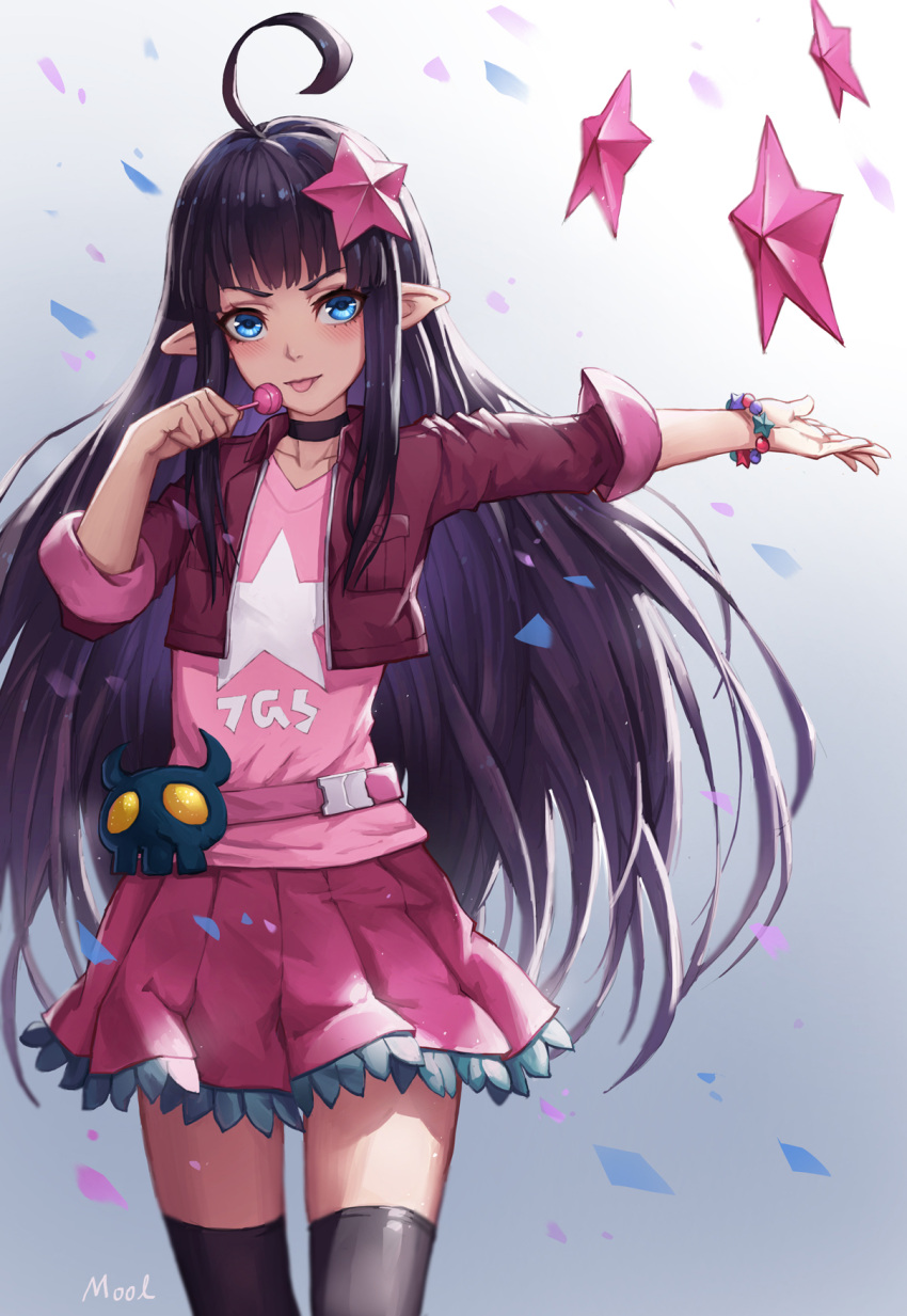 1girl, :p, ahoge, aotu_world, artist_name, bangs, bell, black_choker