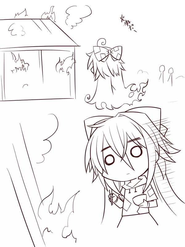 1girl, 2koma, 8|, bow, bowl, chibi, chopsticks, closed_mouth, comic, expressionless, eyebrows_visible_through_hair, fire, hair_between_eyes, hair_bow, hemogurobin_a1c, holding, holding_bowl, holding_chopsticks, hood, hoodie, long_hair, monochrome, o_o, shirt, short_sleeves, skirt, standing, touhou, upper_body, yorigami_shion