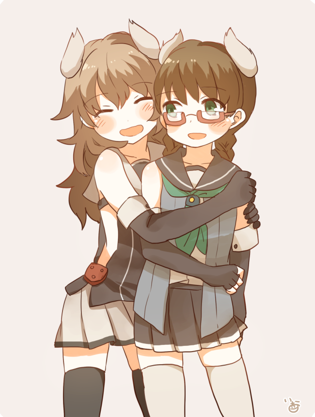 2girls, :d, animal_ears, artist_name, azur_lane, bangs, black_gloves, black_legwear