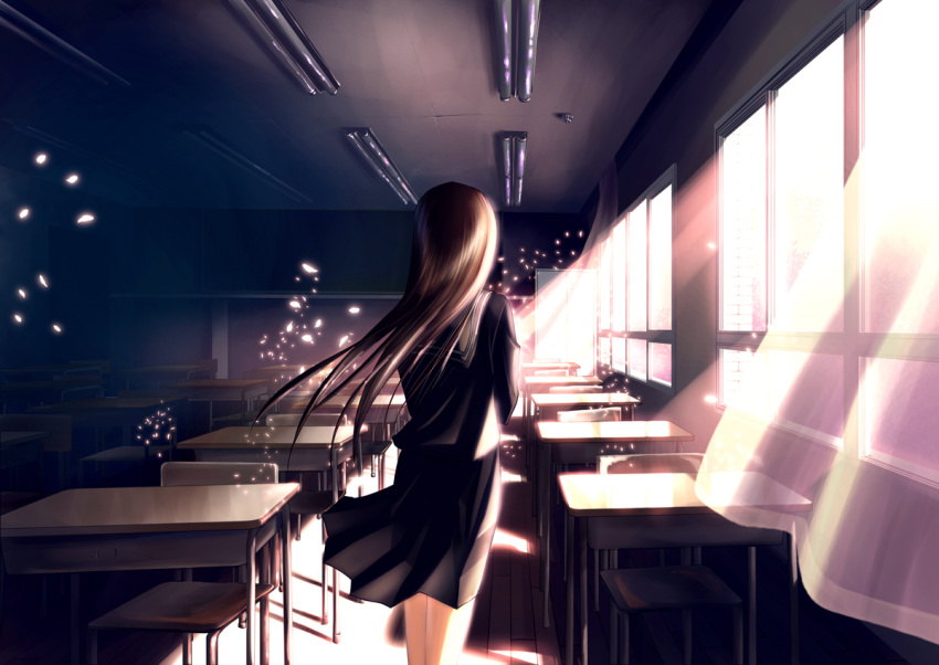 chair, classroom, curtains, desk, empty, from_behind, long_hair, original