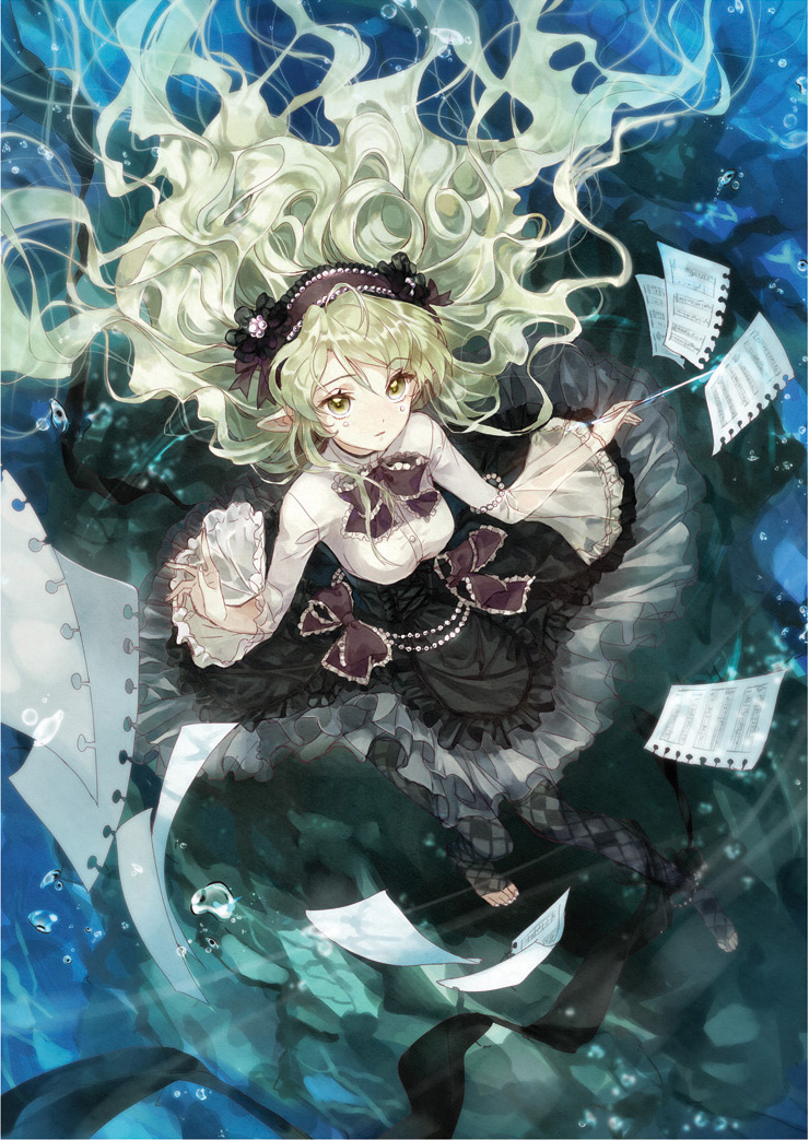 1girl, animal_ears, barefoot, beads, blonde_hair, bow, bracelet, closed_mouth, commentary_request, dress, eyebrows_visible_through_hair, gothic_lolita, hair_ornament, hairband, jewelry, lolita_fashion, long_hair, looking_at_viewer, macciatto_(aciel02), maroon_bow, multicolored, multicolored_background, multicolored_clothes, multicolored_dress, multicolored_legwear, open_eyes, original, page_tear, pantyhose, shirt, solo, toes, white_shirt, yellow_eyes