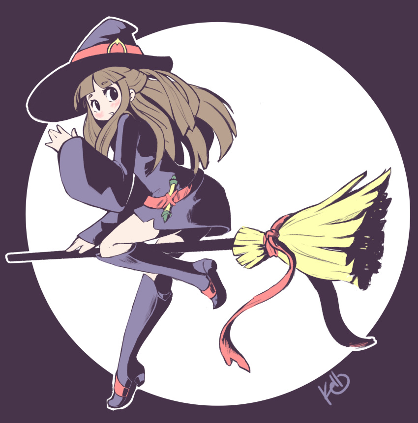 1girl, angelica_(k3lly), artist_name, belt, black_eyes, blush, broom, broom_riding
