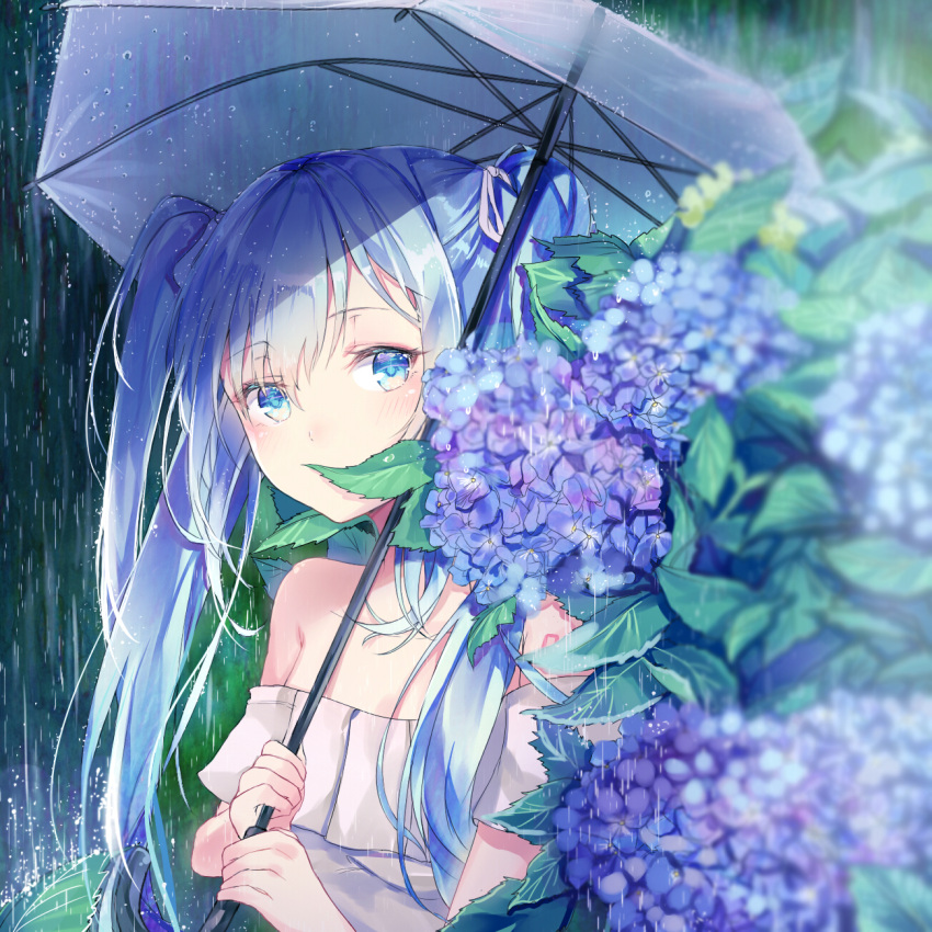 1girl, bangs, bare_shoulders, blue_eyes, blue_hair, blurry, blush, collarbone