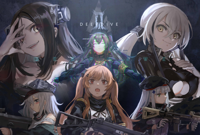 404_(girls_frontline), 6+girls, absurdres, assault_rifle, bangs, beret, black_hat, blue_hair