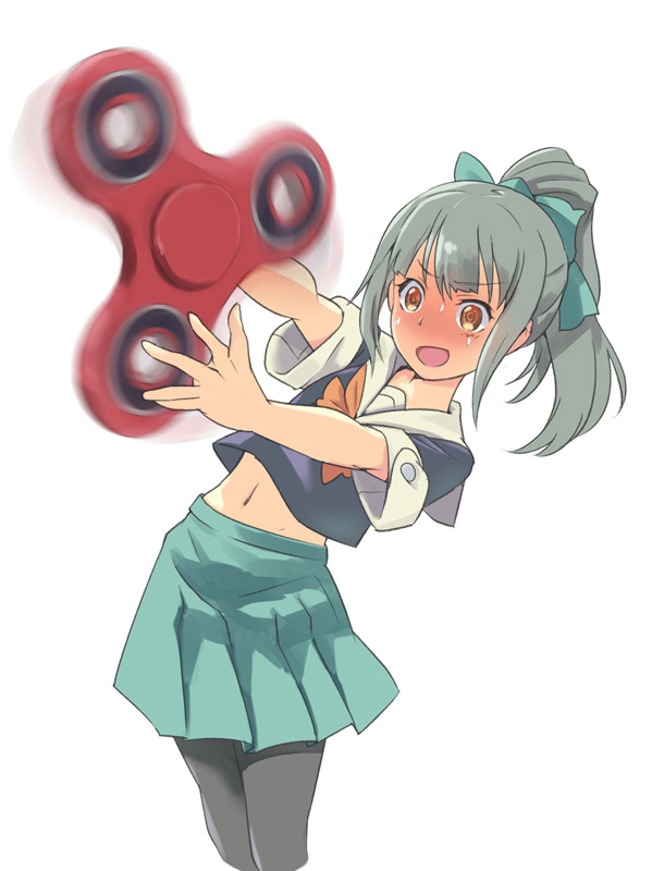 1girl, bangs, bow, confused, fidget_spinner, folded_ponytail, green_hair, green_skirt