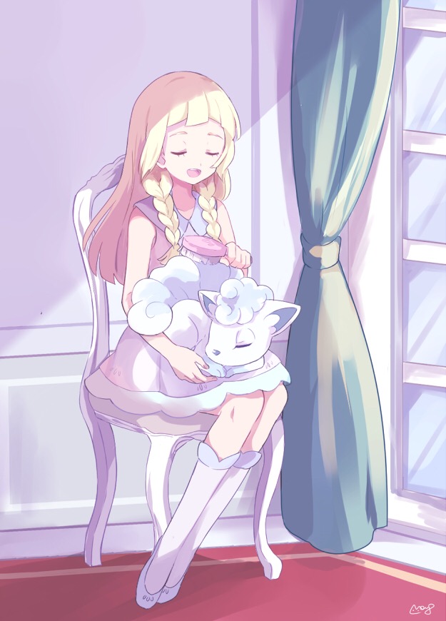 1girl, alola_form, alolan_vulpix, bangs, bare_arms, bare_shoulders, blonde_hair, braid