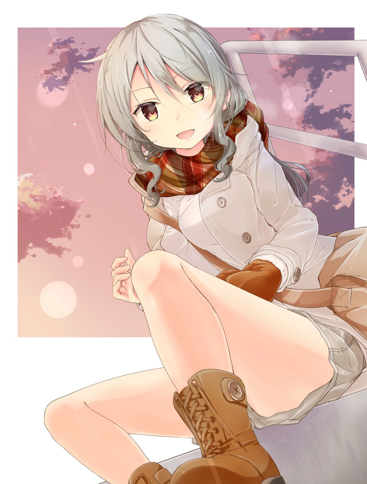 1girl, :d, akisaka_yamoka, boots, breasts, brown_bag, brown_eyes, brown_footwear
