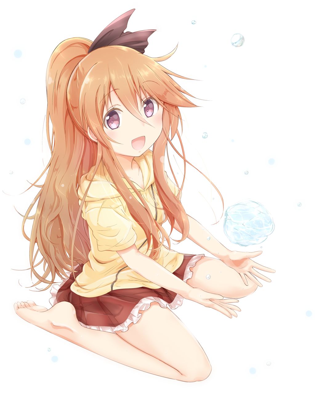 1girl, :d, akisaka_yamoka, barefoot, brown_hair, eyebrows_visible_through_hair, frilled_skirt, frills