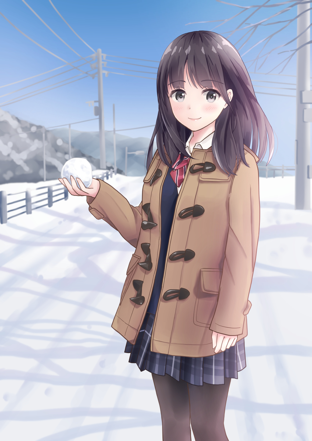 1girl, arm_at_side, arm_up, bangs, black_eyes, black_hair, black_legwear, black_skirt
