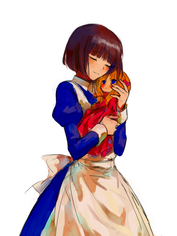 1girl, aaniko, apron, aya_drevis, bangs, blonde_hair, blue_dress, blue_eyes