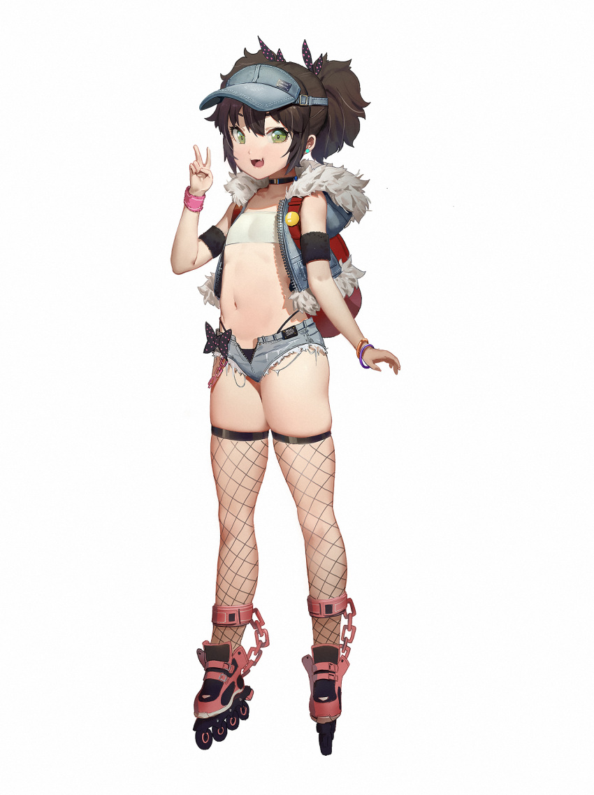 1girl, :d, armband, backpack, bag, bandeau, bangs, black_hair