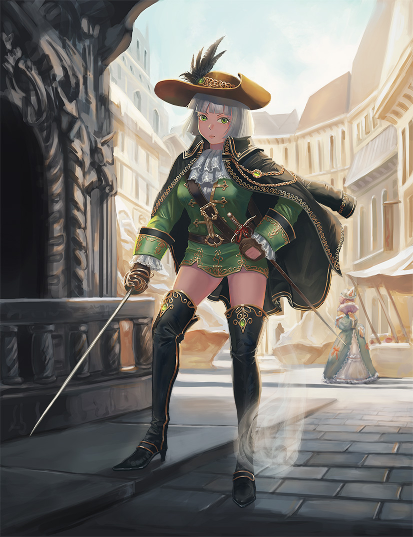2girls, alternate_costume, alternate_weapon, amibazh, bangs, black_footwear, black_jacket, blue_dress