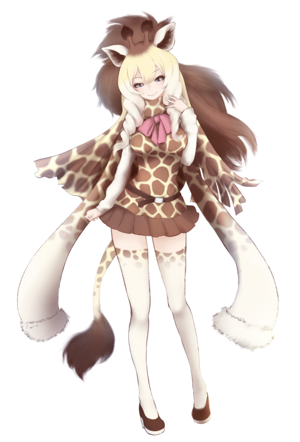 1girl, animal_ears, bangs, belt, black_belt, black_footwear, blonde_hair, blue_eyes, bow, bowtie, breasts, brown_hair, brown_skirt, closed_mouth, drill_hair, eyebrows, eyebrows_visible_through_hair, eyelashes, facing_viewer, full_body, fur_trim, giraffe_ears, giraffe_horns, giraffe_print, giraffe_tail, gradient_hair, hair_between_eyes, head_tilt, high_ponytail, horns, ise_(0425), kemono_friends, legs_apart, long_hair, long_sleeves, looking_at_viewer, medium_breasts, miniskirt, multicolored, multicolored_clothes, multicolored_hair, multicolored_scarf, pink_bow, pink_neckwear, pleated_skirt, rothschild's_giraffe_(kemono_friends), scarf, shirt, shoes, simple_background, skirt, sleeves_past_wrists, smile, solo, standing, tail, thigh-highs, twin_drills, vest, white_background, white_hair, white_legwear, white_shirt, zettai_ryouiki