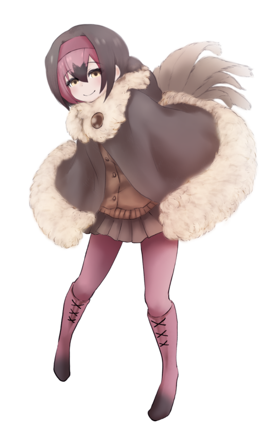 1girl, bangs, bird_tail, black_footwear, black_hair, boots, brown_skirt, brown_sweater