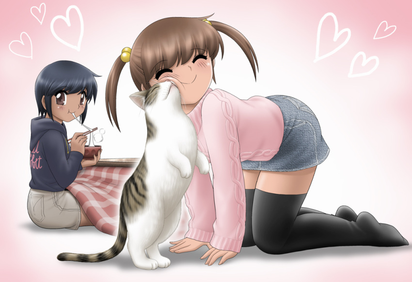 2girls, ^_^, all_fours, black_legwear, blue_hair, blush, bowl, brown_eyes, brown_hair, cat, chopsticks, closed_eyes, heart, hood, hoodie, kanchuumimai, kotatsu, multiple_girls, no_shoes, original, pink_background, shingyouji_tatsuya, sitting, skirt, smile, sweater, table, thigh-highs, twintails, zettai_ryouiki, zouni_soup