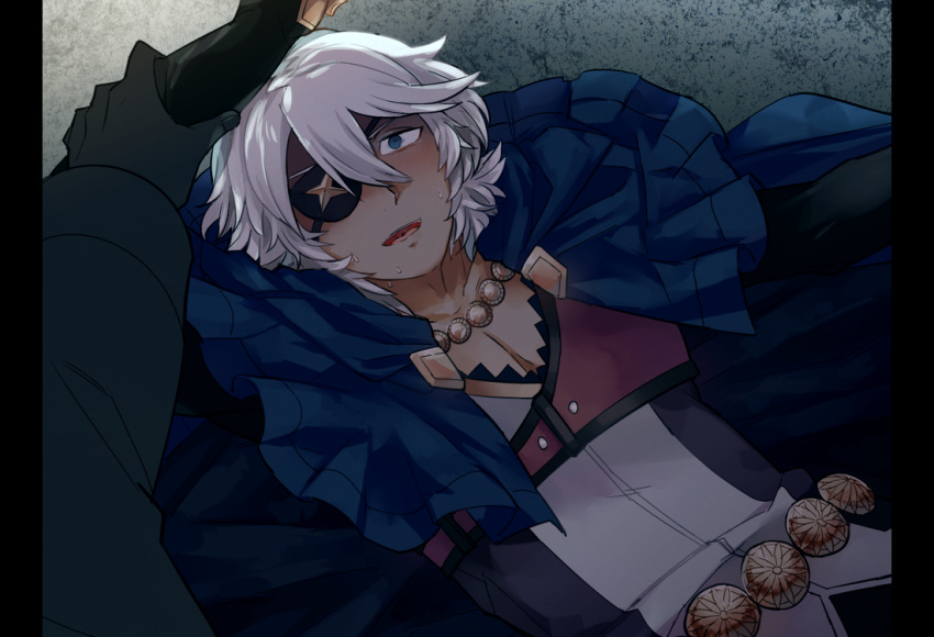 1boy, blue_eyes, blush, capelet, dark_skin, eyepatch, fire_emblem, fire_emblem_if, kazamin_(gufuu), male_focus, open_mouth, solo, teeth, white_hair, zero_(fire_emblem_if)