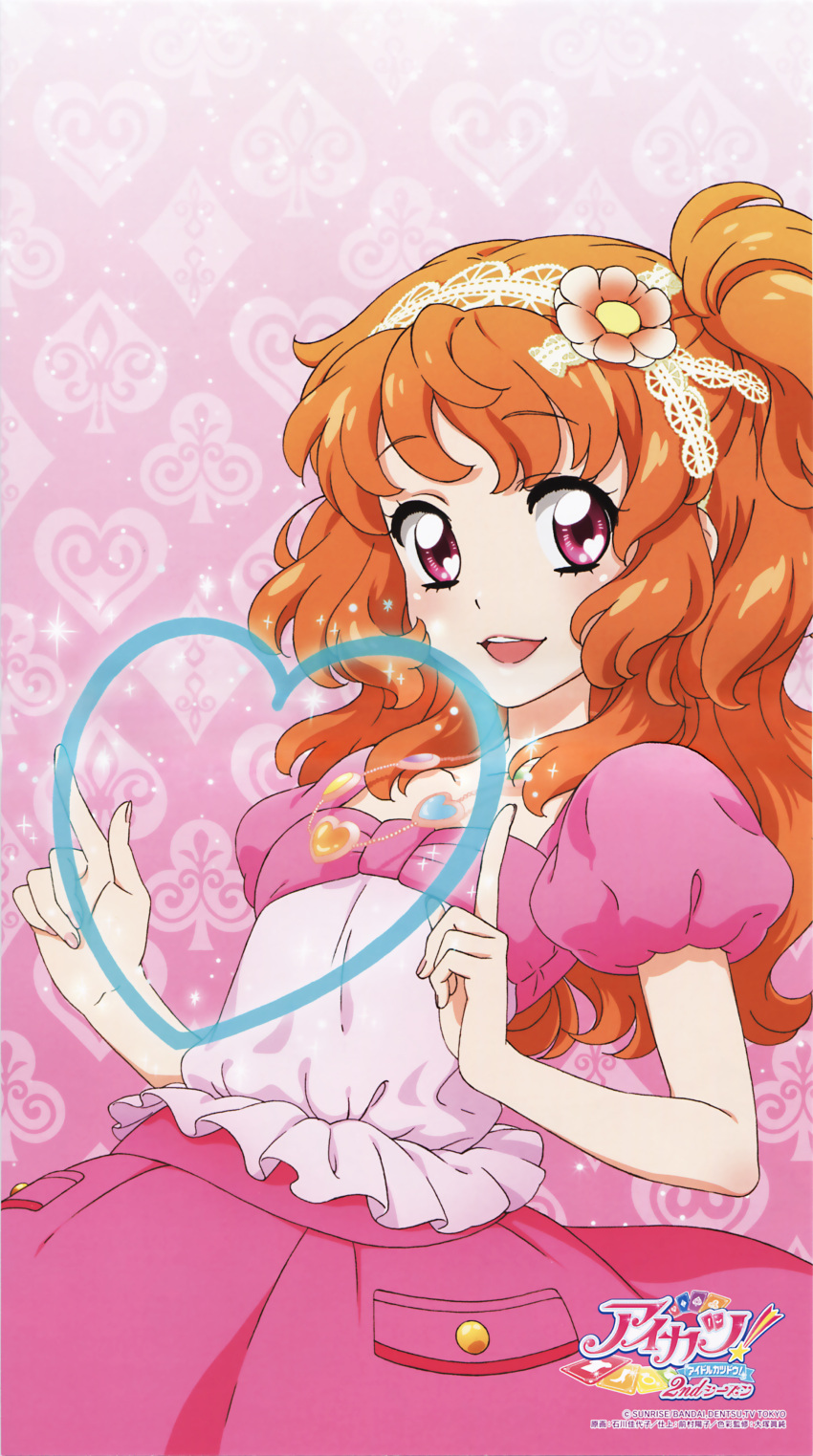 1girl, :d, absurdres, aikatsu!, club_(shape), collarbone, company_name, copyright_name