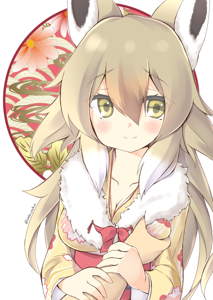 1girl, african_golden_wolf_(kemono_friends), alternate_costume, animal_ears, artist_name, blonde_hair, blush, bow