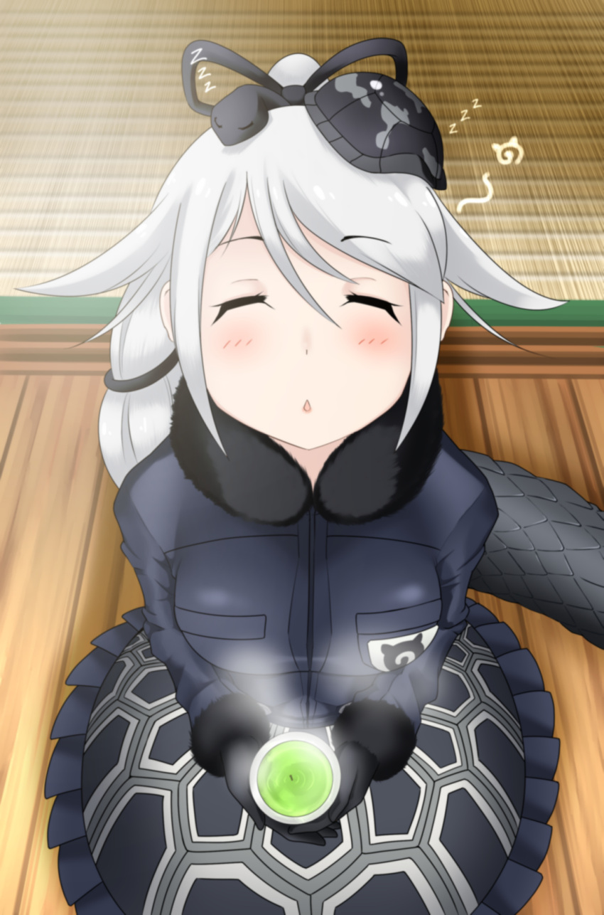 1girl, blush, closed_eyes, fur_trim, genbu_(kemono_friends), gloves, grey_hair, highres