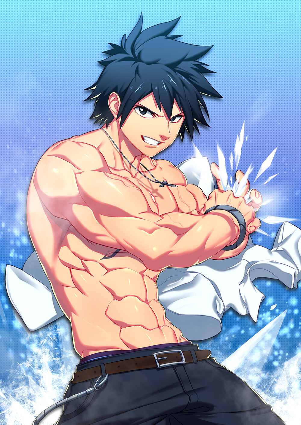 1boy, abs, adonis_belt, bara, black_eyes, black_hair, bracelet, clothes_removed