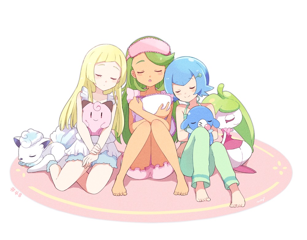 3girls, alolan_vulpix, barefoot, blonde_hair, blue_hair, blush, clefairy, closed_eyes