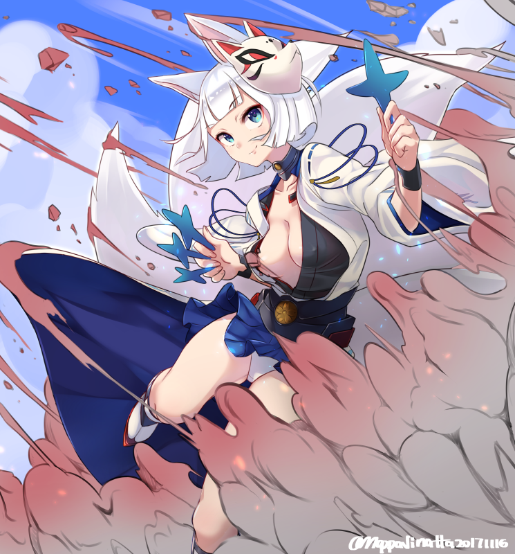 1girl, 2017, animal_ears, azur_lane, bangs, blue_eyes, blue_hakama, blue_skirt