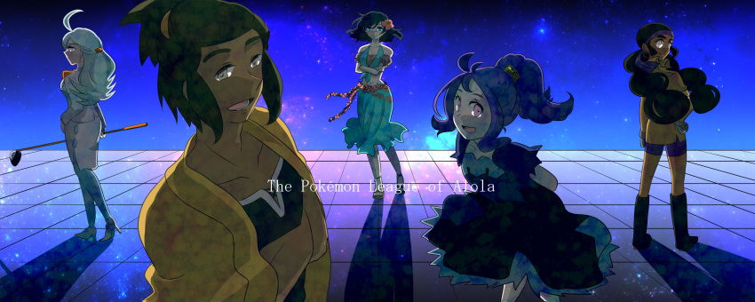 1boy, 4girls, acerola_(pokemon), ahoge, crossed_arms, dark_skin, earrings, english