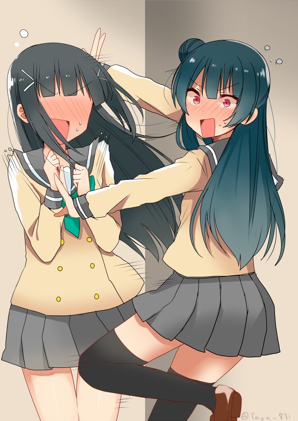 2girls, bangs, black_hair, black_legwear, blue_hair, brown_footwear, caught, commentary_request