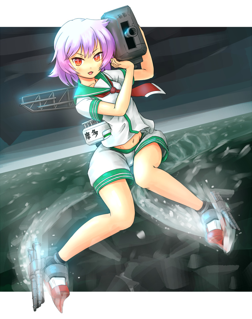 1girl, bangs, bare_arms, blush, breasts, bright_pupils, collarbone, eyebrows, facing_away, full_body, green_sailor_collar, groin, hair_between_eyes, highres, hokkyoku, holding, kantai_collection, legs_apart, looking_at_viewer, machinery, navel, neckerchief, ocean, open_mouth, orange_eyes, pigeon-toed, purple_hair, red_footwear, red_neckwear, rudder_shoes, sailor_collar, school_uniform, serafuku, shirt, short_hair, shorts, slit_pupils, small_breasts, solo, standing, standing_on_liquid, stomach, tama_(kantai_collection), torpedo, torpedo_tubes, tsurime, turret, water, white_pupils, white_shirt, white_shorts