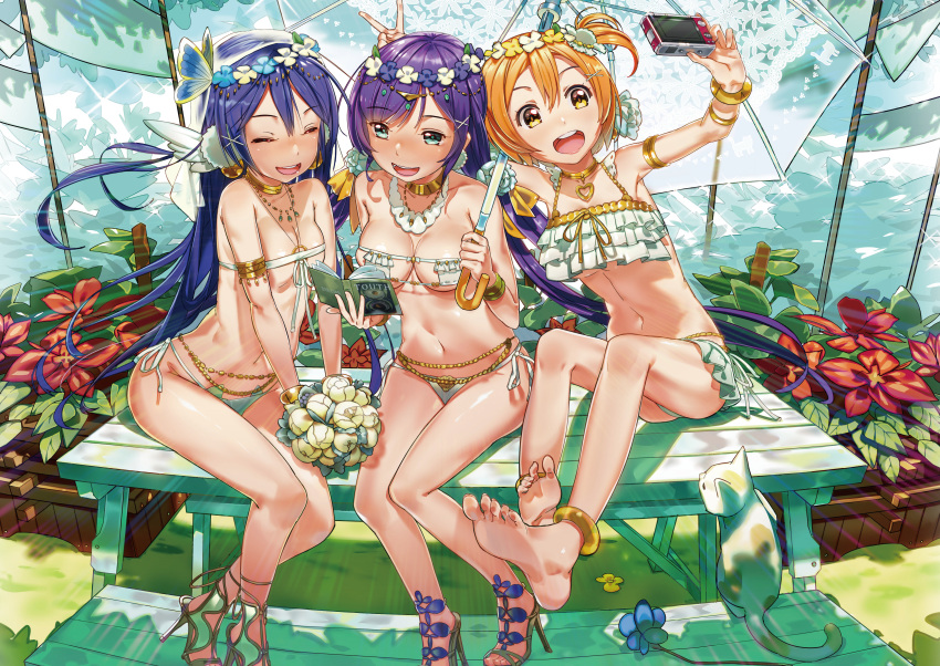 3girls, absurdres, animal, bangs, barefoot, bench, bikini, blue_hair