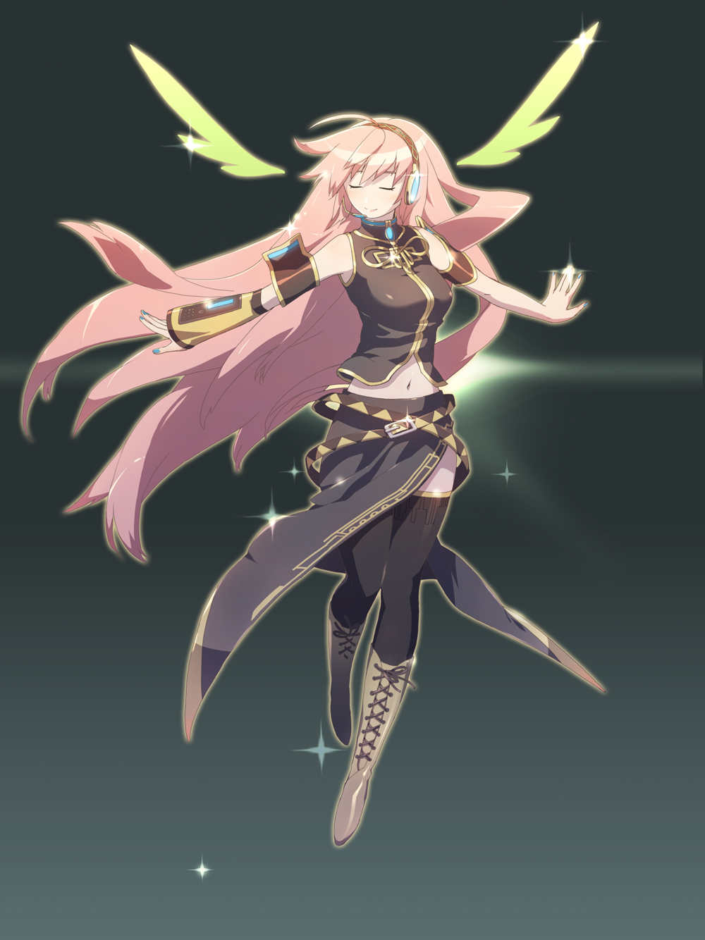 armlet, belt, black_legwear, black_thighhighs, boots, btoor, closed_eyes, double_lariat_(vocaloid)