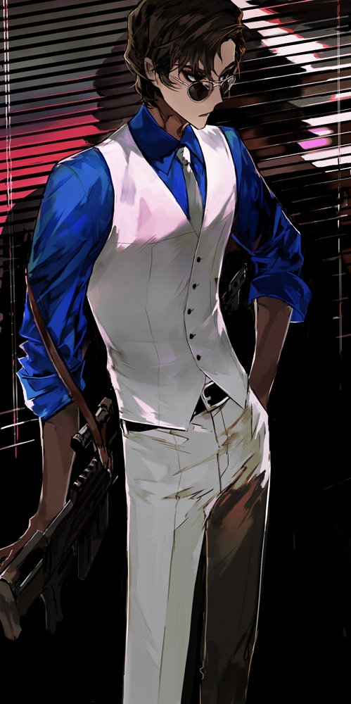 1boy, arjuna_(fate/grand_order), belt, black_eyes, blue_shirt, brown_hair, collared_shirt, contrapposto