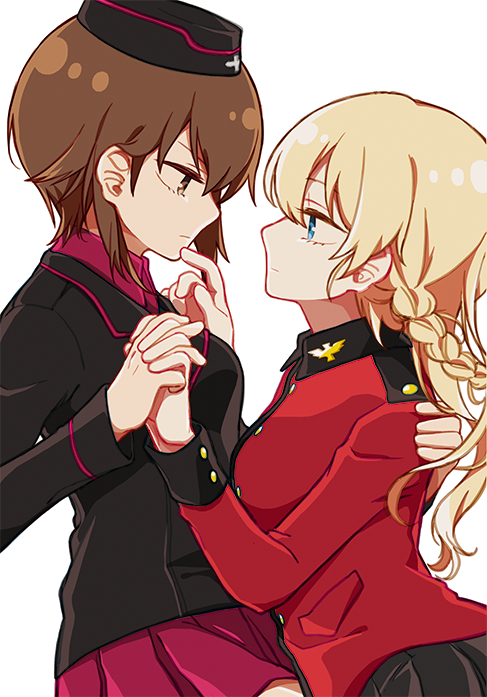 2girls, :|, black_jacket, black_skirt, blonde_hair, blue_eyes, braid, breasts, brown_eyes, brown_hair, buttons, closed_mouth, collared_shirt, darjeeling, facing_another, french_braid, garrison_cap, girls_und_panzer, hair_down, hat, jacket, kuromorimine_military_uniform, kurosaki_nekosuzu, long_hair, long_sleeves, looking_at_another, medium_breasts, military, military_uniform, miniskirt, multiple_girls, nishizumi_maho, pleated_skirt, red_jacket, red_shirt, red_skirt, shirt, short_hair, sideways_mouth, simple_background, single_braid, skirt, st._gloriana's_military_uniform, uniform, white_background
