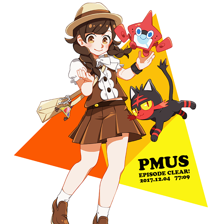 1girl, 2017, bag, bangs, blush, bow, bowtie, bracelet, braid, brown_footwear, brown_hair, brown_skirt, buttons, cat, copyright_name, dated, english, eyebrows, eyelashes, facing_away, handbag, hat, jewelry, kurosaki_nekosuzu, legs_apart, litten, loafers, long_hair, looking_at_viewer, miniskirt, mizuki_(pokemon_ultra_sm), multicolored, multicolored_clothes, multicolored_shirt, orange_eyes, outstretched_arms, pleated_skirt, pokemon, pokemon_(creature), pokemon_(game), pokemon_ultra_sm, puffy_short_sleeves, puffy_sleeves, rotom, rotom_dex, shirt, shoes, short_sleeves, simple_background, skirt, smile, socks, solo, standing, swept_bangs, tareme, text, timestamp, triangle, trilby, twin_braids, white_background, white_bow, white_legwear, white_neckwear, z-ring