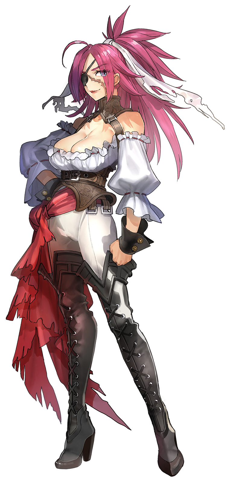 1girl, ahoge, bangs, bare_shoulders, belt, belt_buckle, blue_eyes, boots, breasts, brown_belt, buckle, cleavage, collarbone, dress, fate/extella_link, fate_(series), francis_drake_(fate), high_heel_boots, high_heels, highres, large_breasts, lipstick, long_hair, makeup, official_art, pants, parted_bangs, pink_hair, ponytail, scar, sleeveless, sleeveless_dress, smile, solo, thigh-highs, thigh_boots, torn_hair_ribbon, white_pants, wrist_cuffs