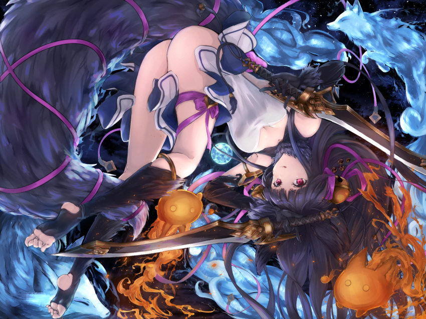 1girl, :q, \m/, ass, bangs, bare_shoulders, bell, black_gloves