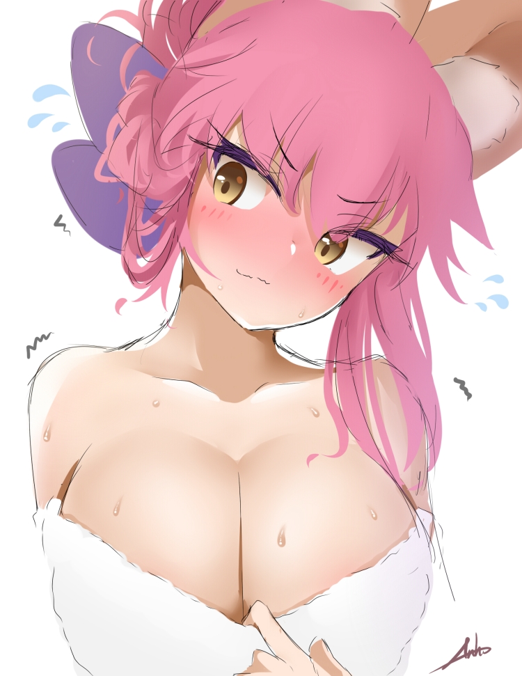 1girl, alternate_costume, anho, animal_ears, bangs, bare_shoulders, blush, breasts, brown_eyes, cleavage, closed_mouth, collarbone, colored_eyelashes, embarrassed, eyebrows_visible_through_hair, fate/extra, fate_(series), flying_sweatdrops, fox_ears, full-face_blush, head_tilt, large_breasts, long_hair, looking_at_viewer, motion_lines, off-shoulder_sweater, pink_hair, pulled_by_self, signature, simple_background, smile, solo, sweat, sweater, sweating, tamamo_(fate)_(all), tamamo_no_mae_(fate), trembling, tsurime, upper_body, v-shaped_eyebrows, white_background, white_sweater