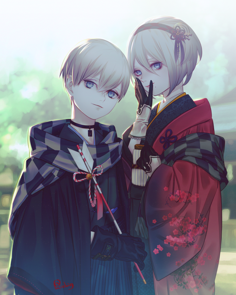 1boy, 1girl, arrow, black_choker, black_hairband, choker, couple, hairband