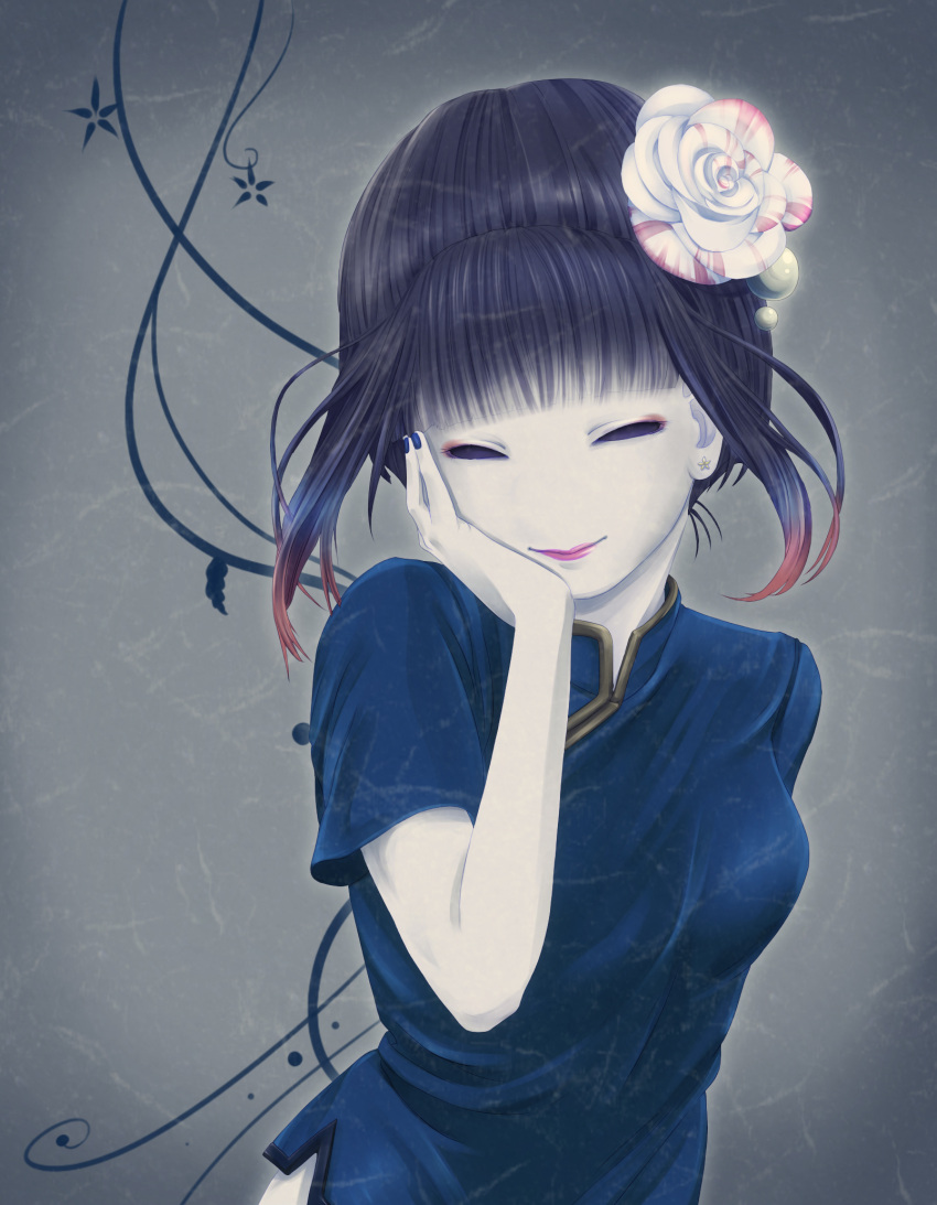 1girl, bangs, closed_eyes, closed_mouth, hand_on_own_face, highres, koyadofu, long_hair, original, purple_background, purple_hair, simple_background, solo