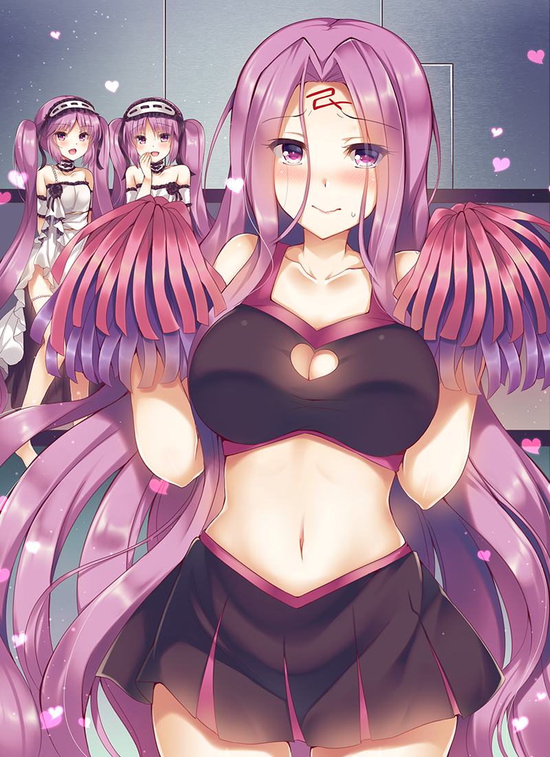 3girls, black_skirt, blush, breasts, cheerleader, cleavage, cleavage_cutout, closed_mouth