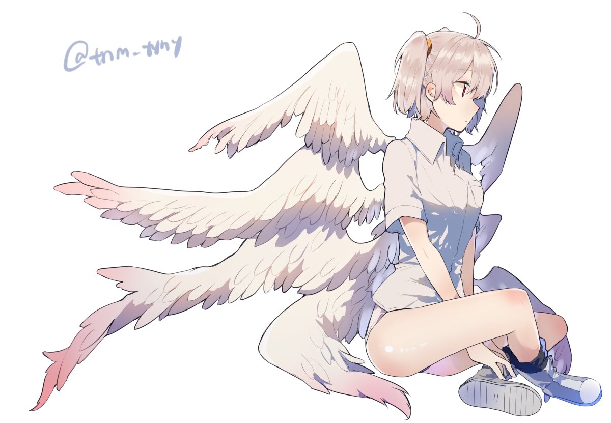 1girl, ahoge, angel_chromosome_xx, angel_wings, black_legwear, boots, breast_pocket, closed_mouth