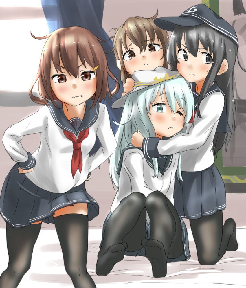 4girls, akatsuki_(kantai_collection), bed, belt, black_legwear, black_skirt, blue_eyes, blush