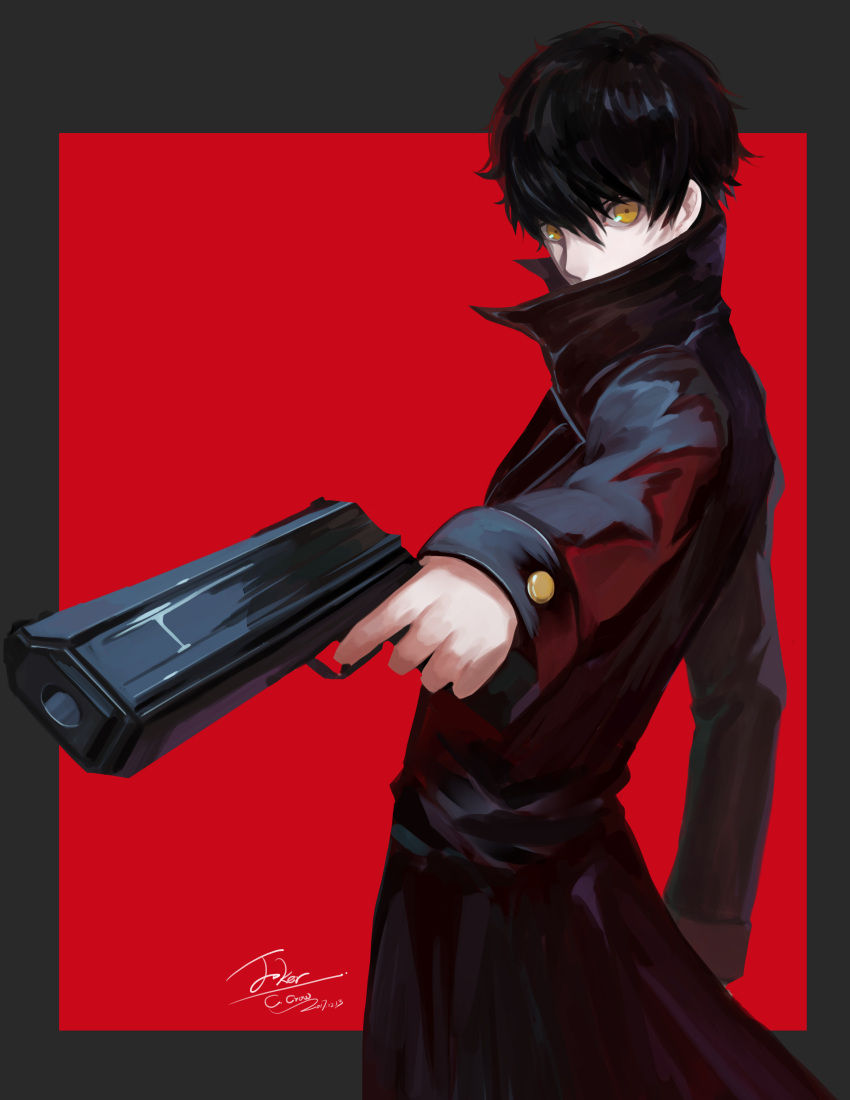 1boy, absurdres, amamiya_ren, card, coat, gun, highres, joker