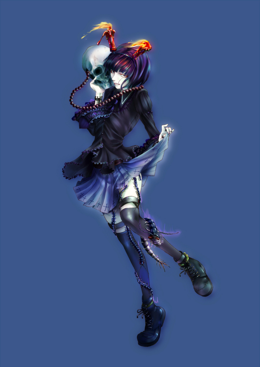 1girl, absurdres, anklet, bent_knees, black_dress, black_footwear, black_legwear, blue_background