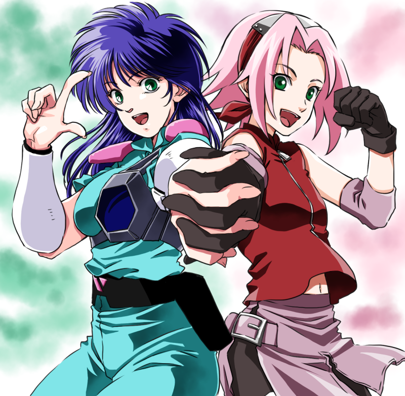2girls, :d, akai_koudan_zillion, apple_(zillion), black_gloves, blue_bodysuit, blue_hair, bodysuit