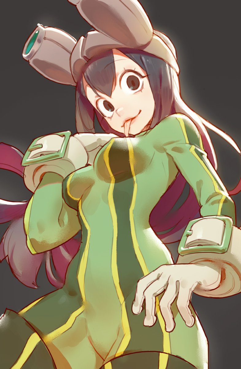 1girl, :p, arm_belt, asui_tsuyu, bangs, black_eyes, bodysuit, boku_no_hero_academia