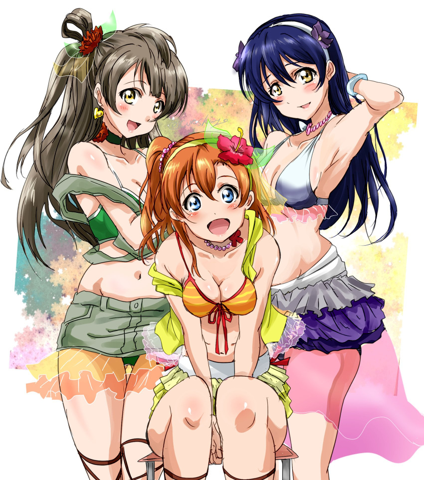 3girls, arm_up, bangs, bikini, bikini_skirt, blue_eyes, blue_hair, blush