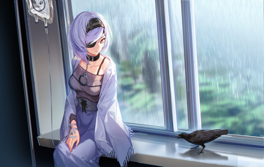 1girl, absurdres, belt_collar, bird, black_survival, blue_eyes, blue_hair, blue_skirt, bra_strap, closed_mouth, crow, doitsu_no_kagaku, eyepatch, headband, high-waist_skirt, highres, indoors, intravenous_drip, long_sleeves, looking_at_viewer, one_eye_covered, purple_sweater, rain, ribbed_sweater, sash, short_hair, sitting, skirt, solo, sweater, window