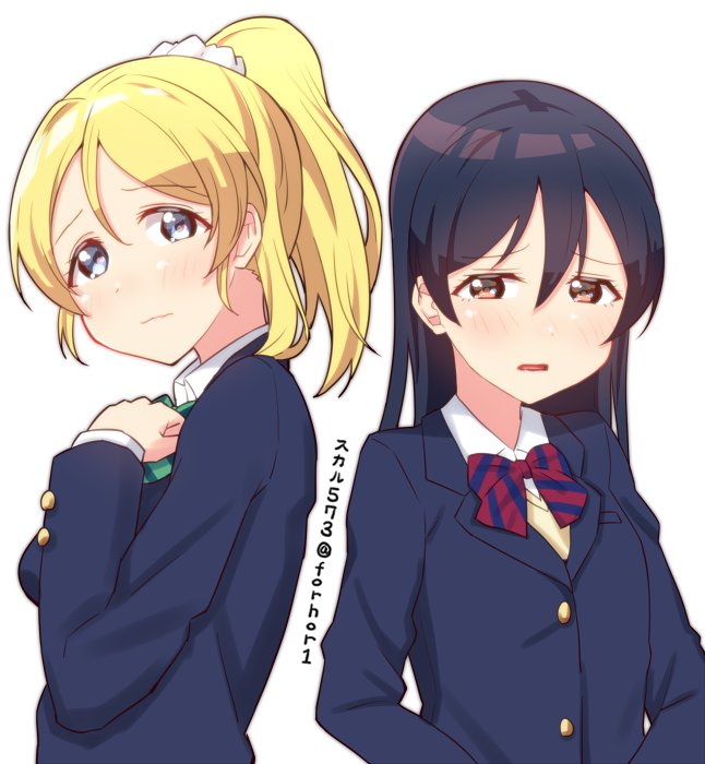 2girls, ayase_eli, bangs, blonde_hair, blue_eyes, blue_hair, blush, commentary_request